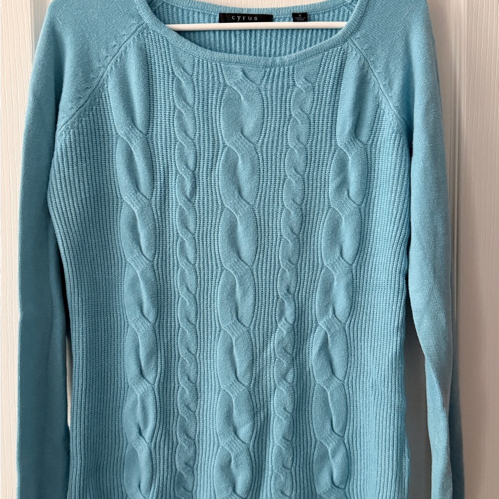 Cyrus Women's Sky Blue Cable Knit Crewneck Sweater